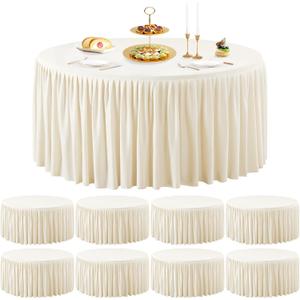 Wish Care 8 Packs 6FT Round Tablecloth 72 Inch, Ivory Stretchy Fitted Table Cloths, Wrinkle Resistant Polyester Table Cover with Pleated Ruffle Skirt for Party, Wedding and Banquet Decoration