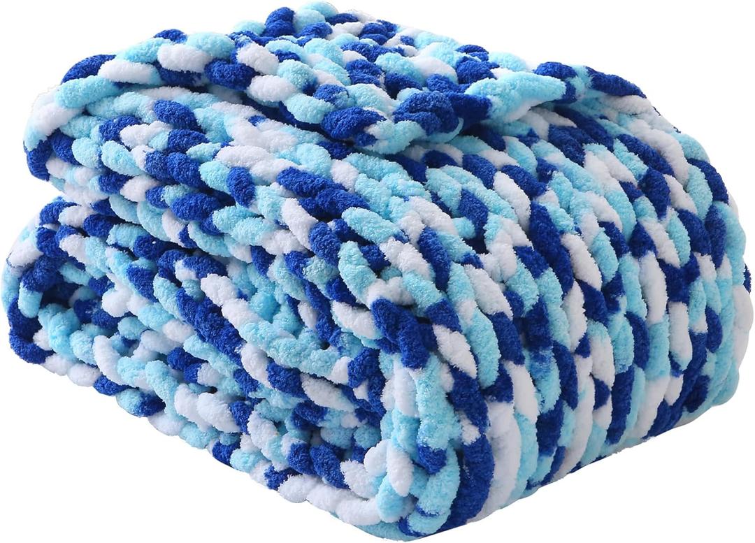 Mooreeke Chunky Knit Blanket 50"x60", Soft Chenille Throw Blanket Cozy 100% Handmade Crochet Gift Blankets with Jumbo Chenille Yarn for Couch Bed Sofa Room Decor - Blue and White