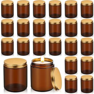 Zhehao 24 Pcs Glass Candle Jars with Lids Bulk, Round Empty Candle Container Tins, Dishwasher Safe and Leakproof DIY Crafts(Amber,Gold,7 oz)