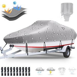 Boat Cover, 16'-18.5' Heavy Duty 1200D Polyester Canvas Trailerable Boat covers, UV Resistant Waterproof Bass Boat Covers with Motor Cover, Fits V-Hull Tri-Hull Boat, Runabout,Fish&Ski Boat