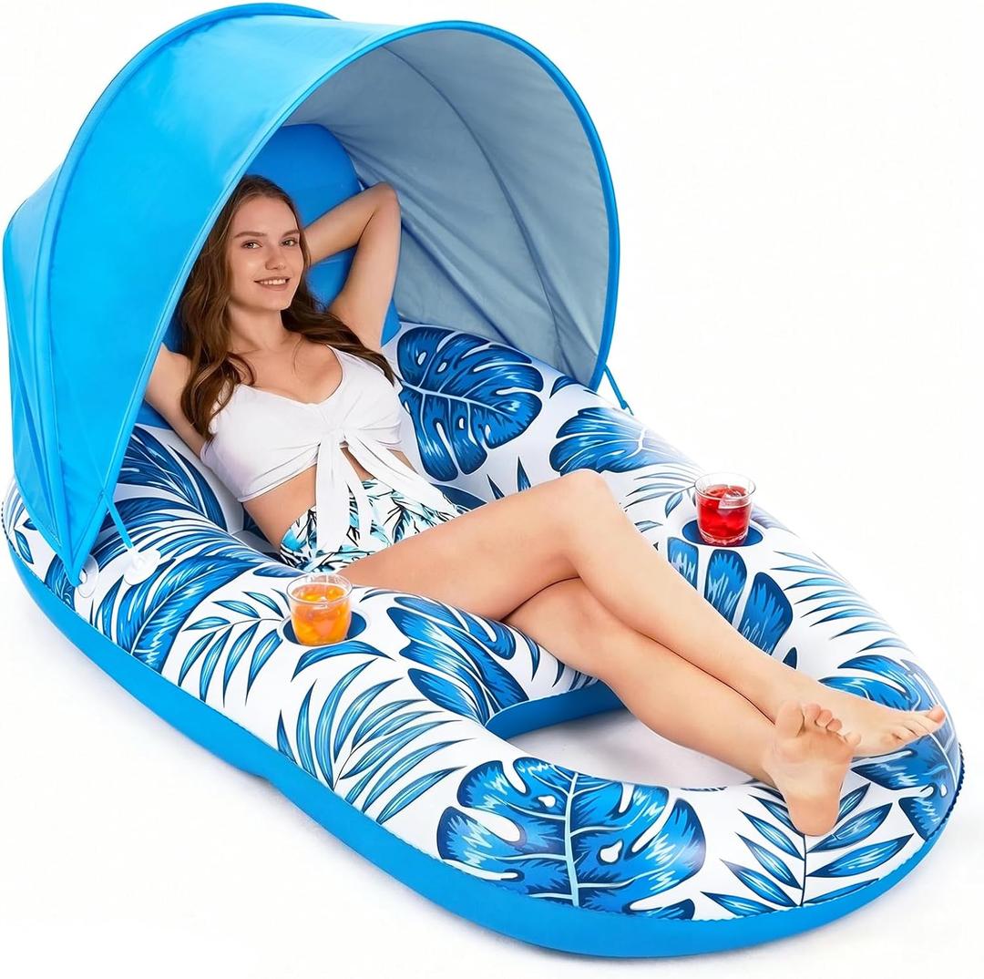 Jasonwell Pool Float with Canopy - Inflatable Pool Floaties Adult Lounger Floats Raft Floating Chair with Cup Holders for Swimming Pool Lake Water Lounge Float Beach Pool Party Toys for Adults (Blue)