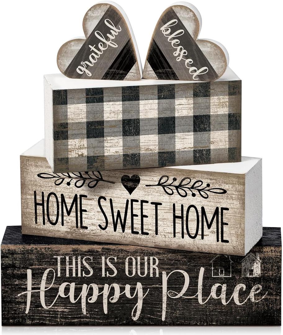 Moucuny 4 Pcs Farmhouse Kitchen Decor Black and White Farmhouse Tiered Tray Decor Home Sweet Home Centerpiece Wooden Heart Rustic Valentines Day Block Sign for Kitchen Shelf Valentines Gift Decoration