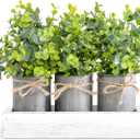 Dahey Decorative Galvanized Metal Pots Centerpiece Decor Wood Tray with Artificial Plant, 3 Buckets with Eucalyptus, Rustic Farmhouse Home Decor for Coffee Table Dining Living Room Kitchen Bath, White
