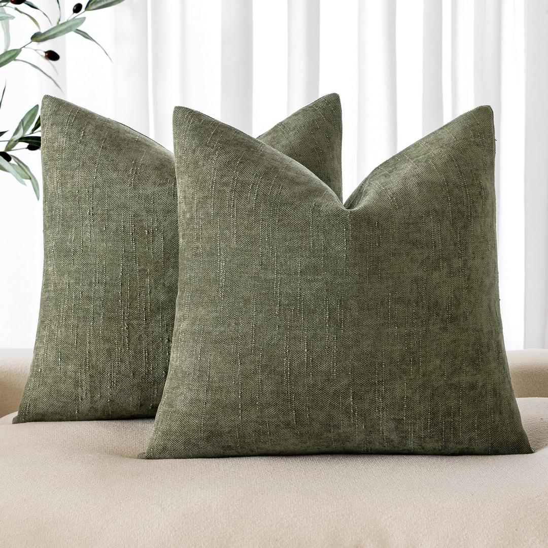 MIULEE Pack of 2 Decorative Throw Pillow Covers Soft Chenille Christmas Throw Pillows Solid Textured Cushion Covers for Spring Couch Sofa Bedroom Living Room 18x18 Inch, Olive Green