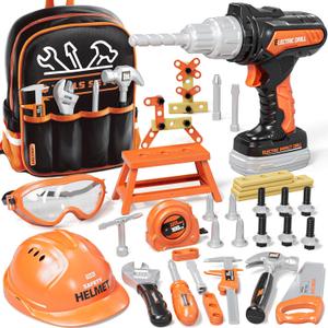 KidBloom Toddler Tool Set with Backpack, 50 PCS Kids Tool Set with Electronic Toy Drill, Safety Helmet & DIY Parts, Toys for 3 4 5Year Old Boys