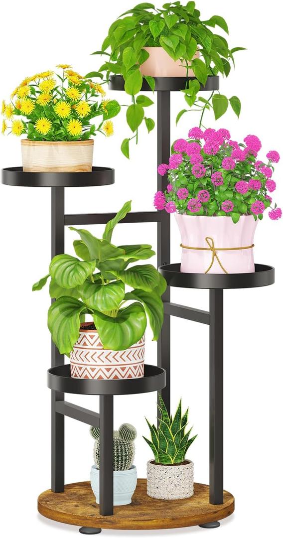 LASZOLA 4 Tier Metal Plant Stand for Indoor Corner, Heavy Duty Wooden Flower Holder Rack for Mutiple Plants, Planter Display Shelf for Patio Garden Balcony Living Room, Black