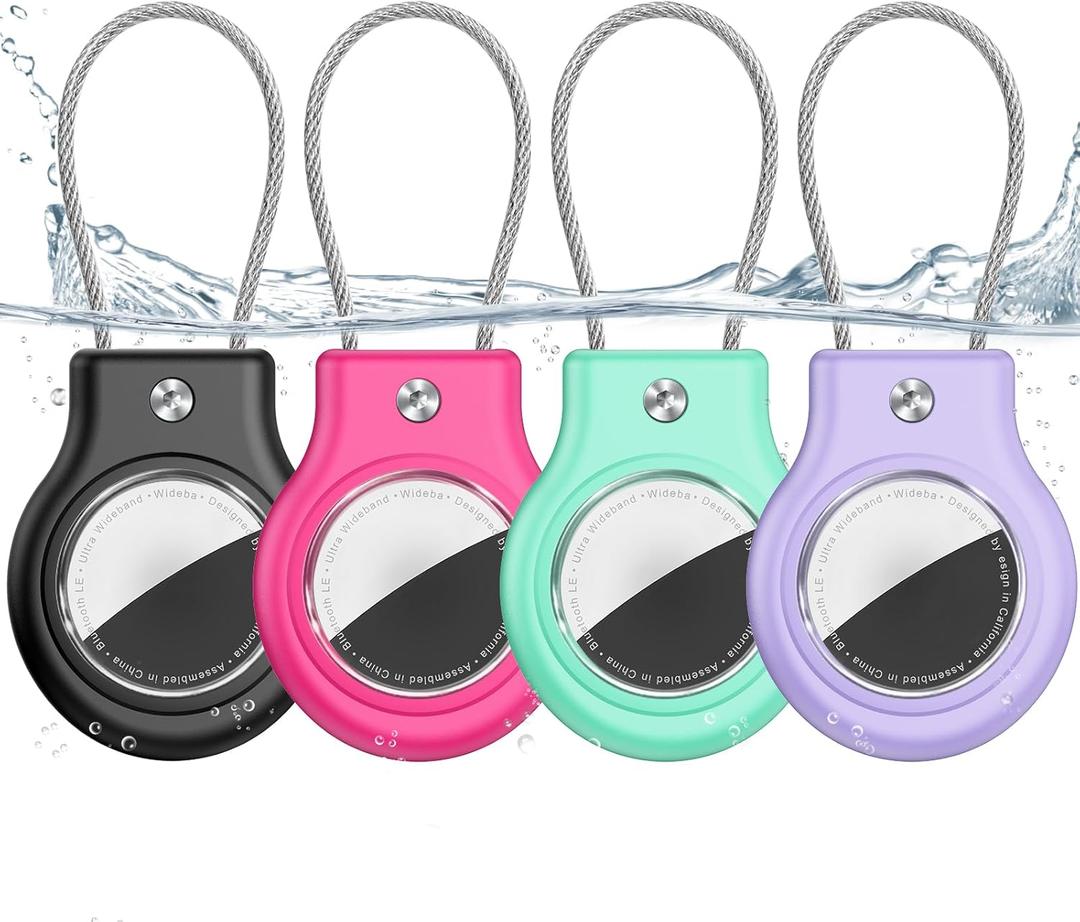 4 Pack Waterproof for AirTag Holder with Cable Wire, Anti-Lost Secure Keychain for Apple AirTag, Shockproof Case for Keys/Luggage/Backpacks/Pets, No Signal & Sound Interference