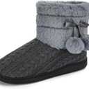 Knit Slipper Boots Women Plush Lining Memory Foam Indoor Outdoor House Shoes with Pom-Pom (7.5-8, Grey)