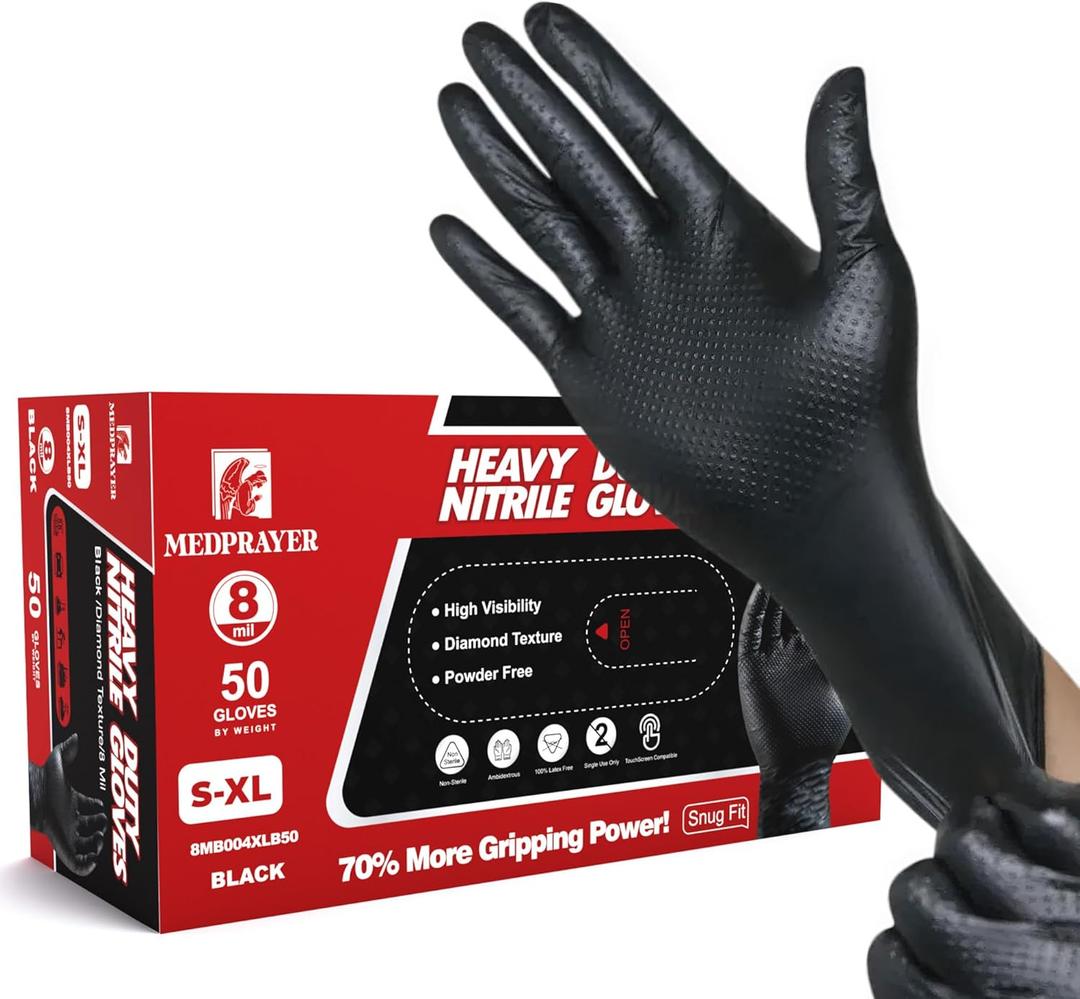 Industrial Nitrile Gloves  Heavy Duty Disposable Mechanic Gloves with Diamond Texture (Large)