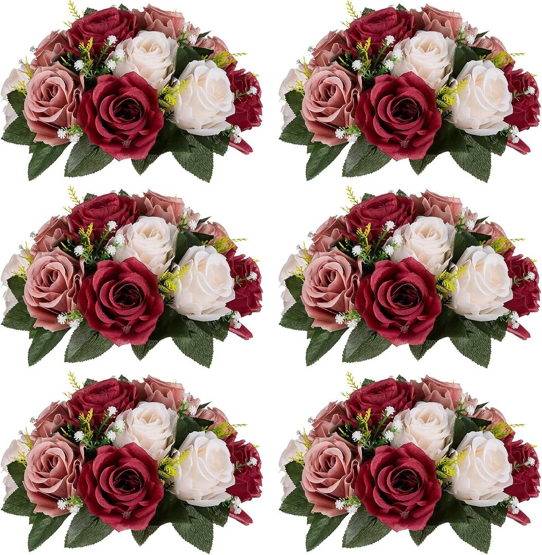Nuptio Artificial Flower Centrepieces for Tables - 6 Pcs Burgundy & Dusty Rose & Creamy White Fake Flowers Roses Balls 9.5in Diam - Silk Faux Rose Arrangement for Wedding Party Centerpiece Table Decor