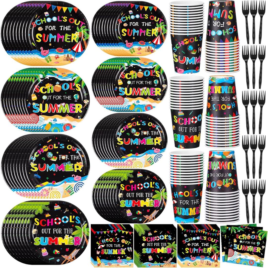 Yungyan 120 Pcs School's out for the Summer Tableware Set End of Year Vacation Disposable Plates Cups Napkins Forks Last Day of School Party Supplies for 24 Guests Tropical Beach Pool Party Favors