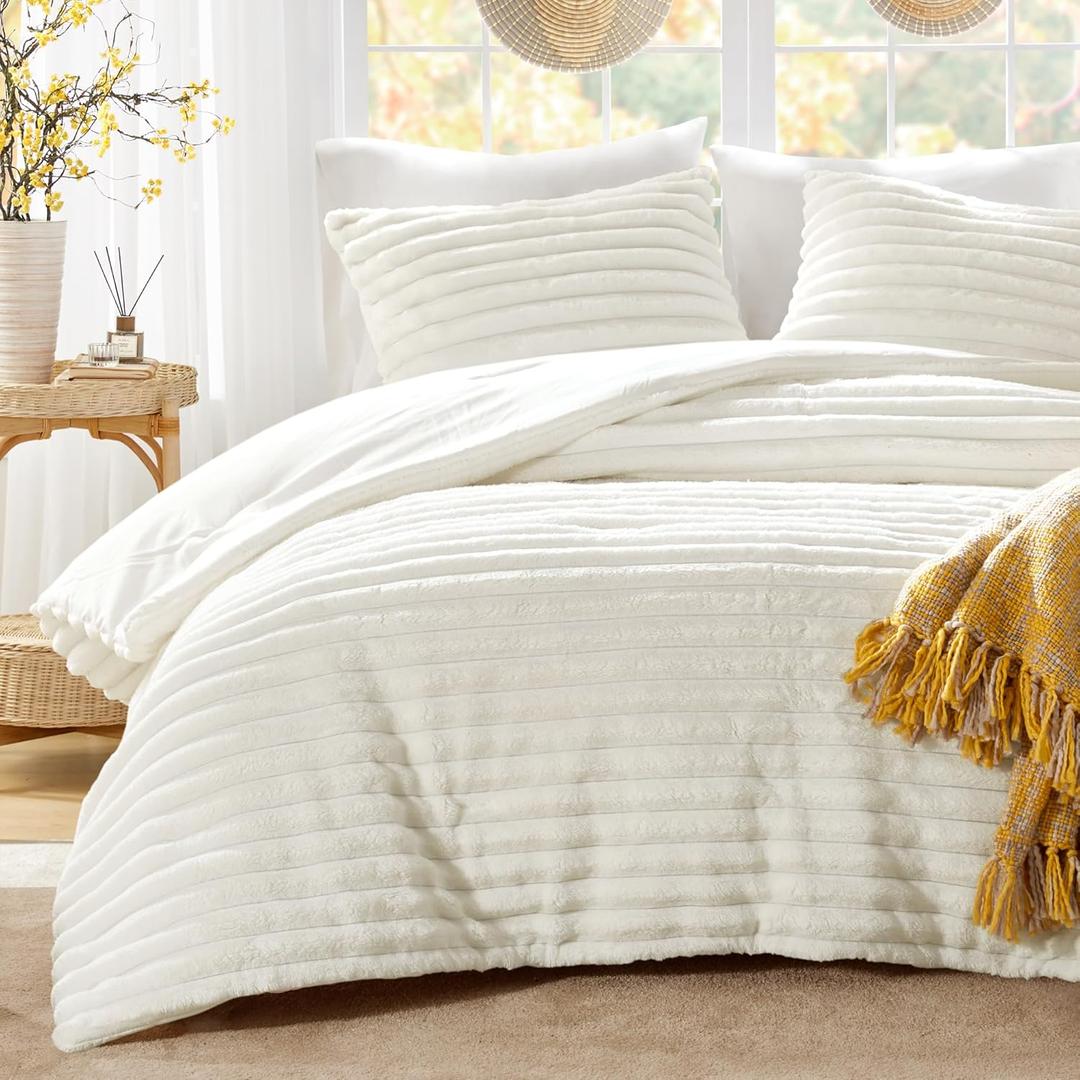 Intelligent Design Queen Comforter Set, Plush Bedding, Microfiber Reverse, 3 Piece, Lightweight, Super Soft Ribbed Velvet Comforter 2 Shams, All Season Fluffy Bed Set, Avril, Full/Queen Ivory