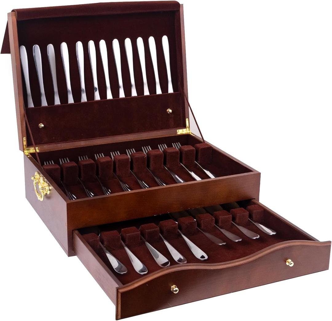 Silverware Storage Box,2 Layers Wooden Silverware Chest with Drawer,Silverware Case with Handle and Felt Lined,15.35" x 11.41" Flatware and Utensil Organizer for Kitchen,Black(Flatware Not Included)