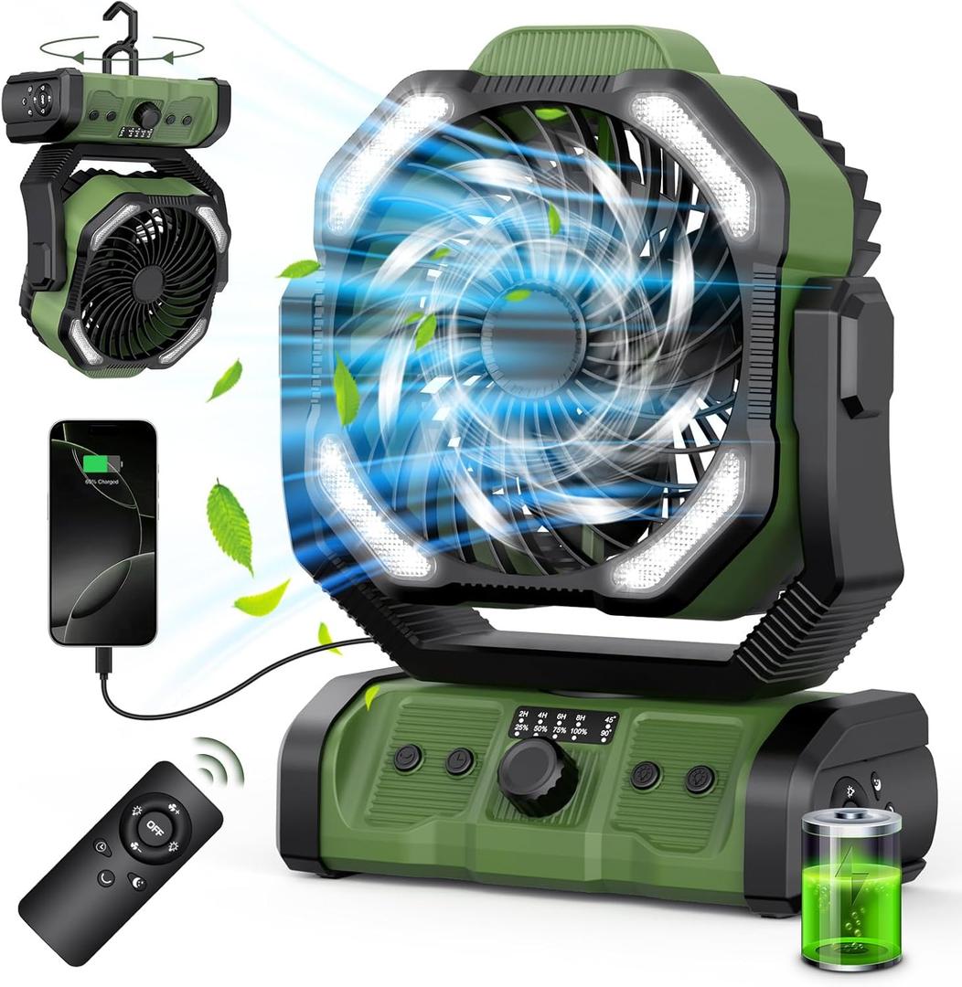 Portable Camping Fan Rechargeable 20000mAh Battery Operated Oscillating USB C Battery Powered Fan with LED Lantern, Head Rotation,Timer, Remote Auto, Hook for Tents Travel Outdoor Beach Home Green