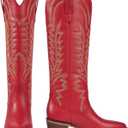 ISNOM Cowboy Boots for Women Knee High Cowgirl Boots with Classic Embroidered Pointed Toe Chunky Heel Pull On Fashion Retro Western Tall Boots