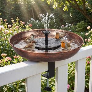 Edenseelake Deck Mounted Metal Bird Bath with Solar Powered Fountain for Outside, Detachable Birdbaths Bowl with Adjustable Steel Clamp for Feeder Railing Balcony Fence Yard