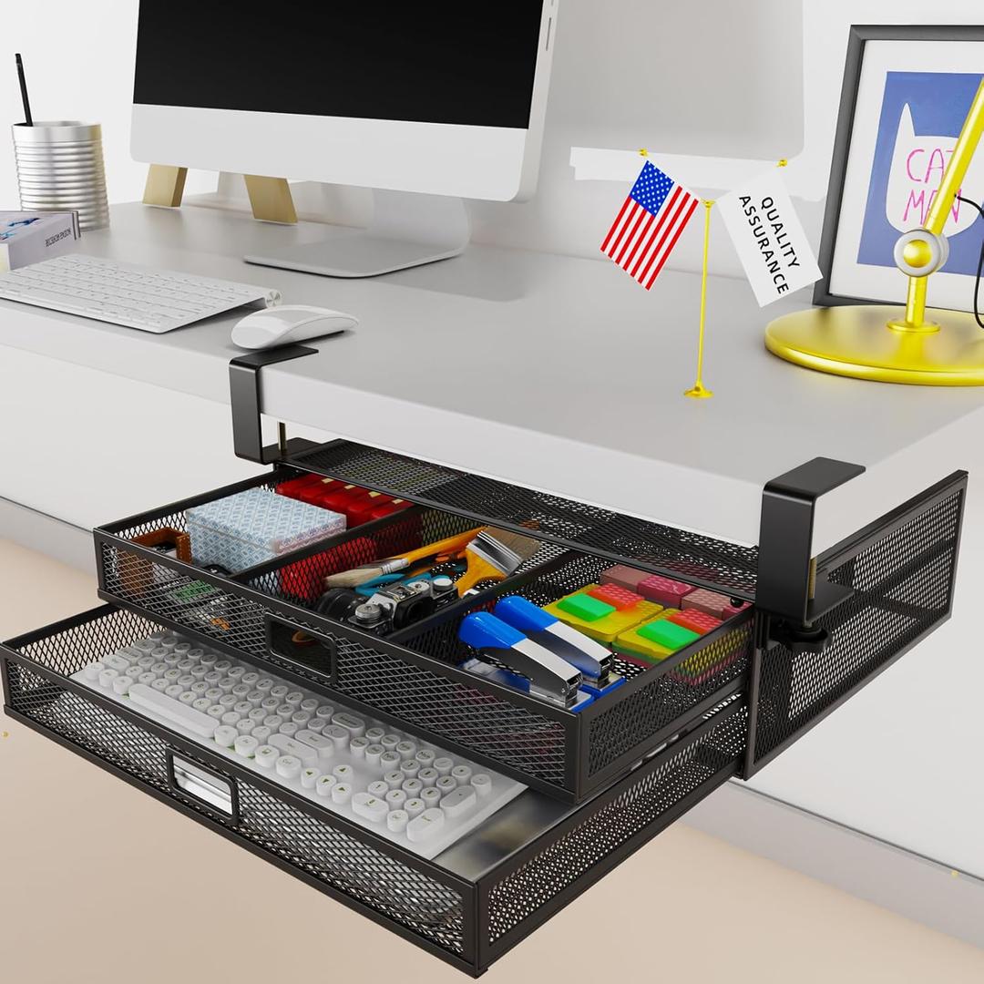 Under Desk Drawer Organizer No Drill Metal Under Desk Storage Drawer Container 2 Slide Out Cabinet Drawer Suitable for Home And Office (Extra Large)