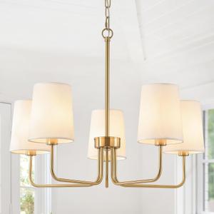 AMZASA Antique Brass Gold Chandelier with Shades, Electroplated Finish, 5 Light Modern Farmhouse Chandeliers with White Fabric Shade, Linear Island Chandelier Lights for Dining Room,Kitchen,Foyer