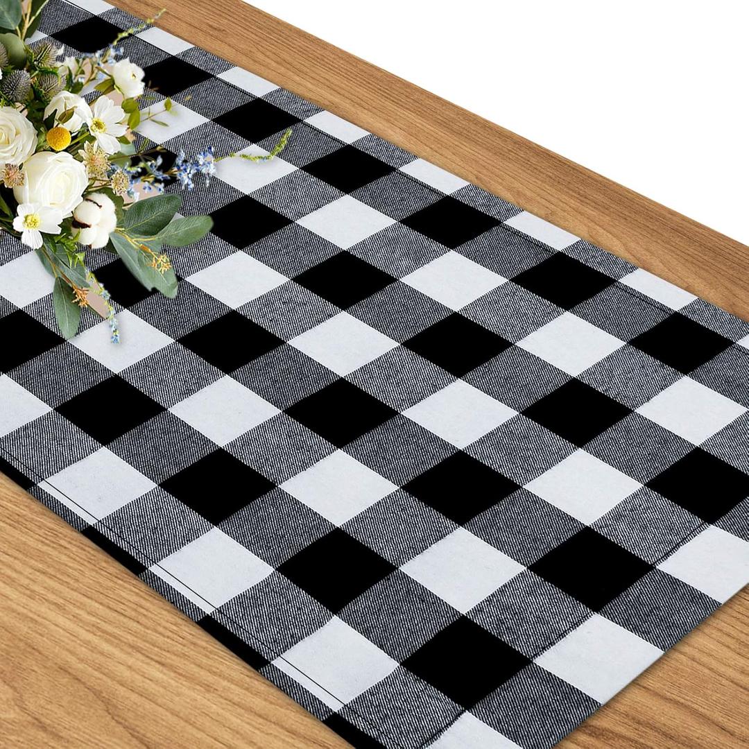 Senneny Buffalo Check Table Runner Cotton Black and White Plaid Classic Stylish Design for Family Dinner Christmas Holiday Birthday Party Table Home Decoration (Black and White, 14 x 48 Inch)