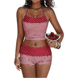 Verdusa Women's 2 Piece Polka Dots Striped Tankini Swimsuits Halter Tankini Tops with Boyshorts Set