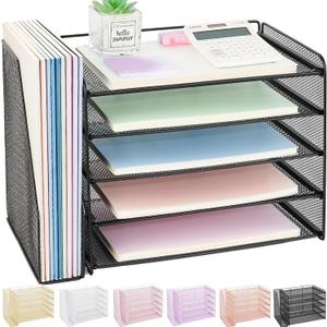 OPNICE 5-Tier Paper Organizer with Magazine Holder, Desk Organizers and Accessories, Office Desk Accessories & Workspace Organizers, Desktop File Organizer for Office Supplies Storage, Black (15.5" x 9" x 10.3")
