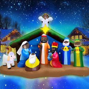 8 Ft Long 5.5 Ft Tall Christmas Inflatables African American Black Nativity Scene Set Outdoor Decorations with Angel, Built-in LED Light Blow Up Black Jesus Manger Set Xmas Inflatable Decor Yard Lawn