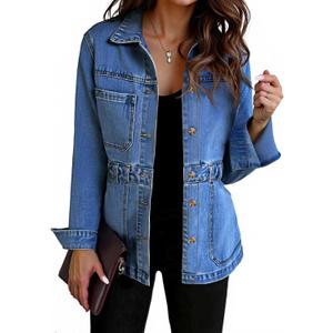 Tankaneo Denim Jacket for Women Distressed Jean Jacket Button Down Oversized Shacket with Pockets 2025 (Large, Blue)
