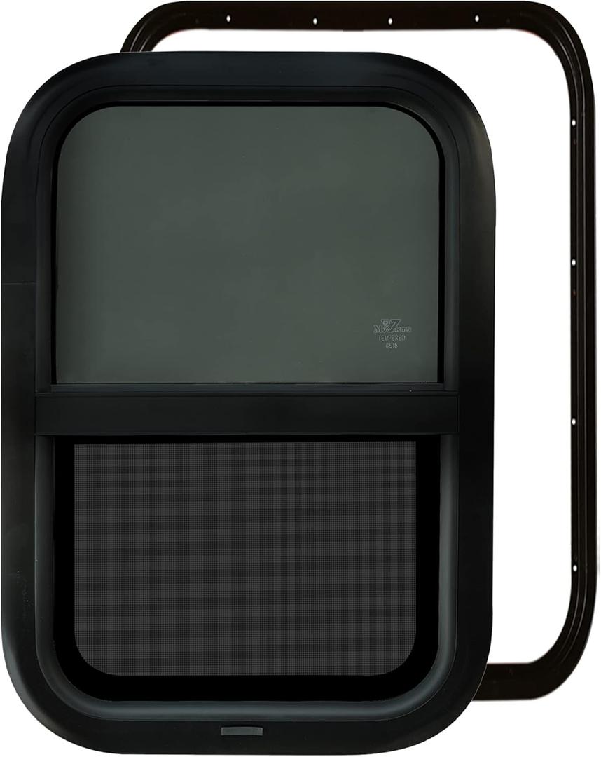 RV Murts Trailer Window 15"x22", Tempered Glass with Screen & Trim Kit, 1-1/2" Wall Fit for Teardrop Camper, Cargo, Travel Motorhome, Vertical Slide.(Aluminum, Shatterproof, Cold Insulation)