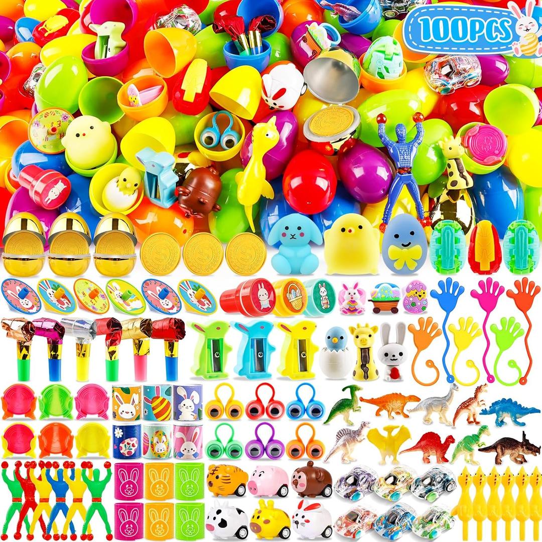 WOWSCAN [6 Golden Eggs] 100PCS Prefilled Easter Egg Fillers with Novelty Toys Inside, Easter Basket Stuffers Classroom Prizes Supplies Egg Hunt Party Favors for Kids Toddlers Boys Girls