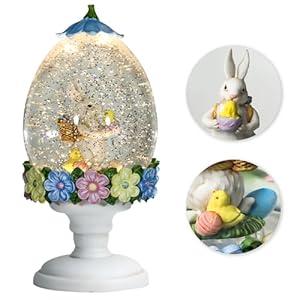 Easter Bunny Snow Globe for Easter Decorations, Easter Bunny Cradling a Chick Design with Lighting Functions，USB or Battery Operated