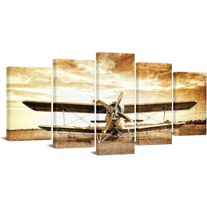 LevvArts - 5 Panel Canvas Wall Art Old Retro Aircraft Biplane Pictures Print on Canvas Framed and Ready to Hang Aviation Airplane Artwrok Antique Home Wall Decor