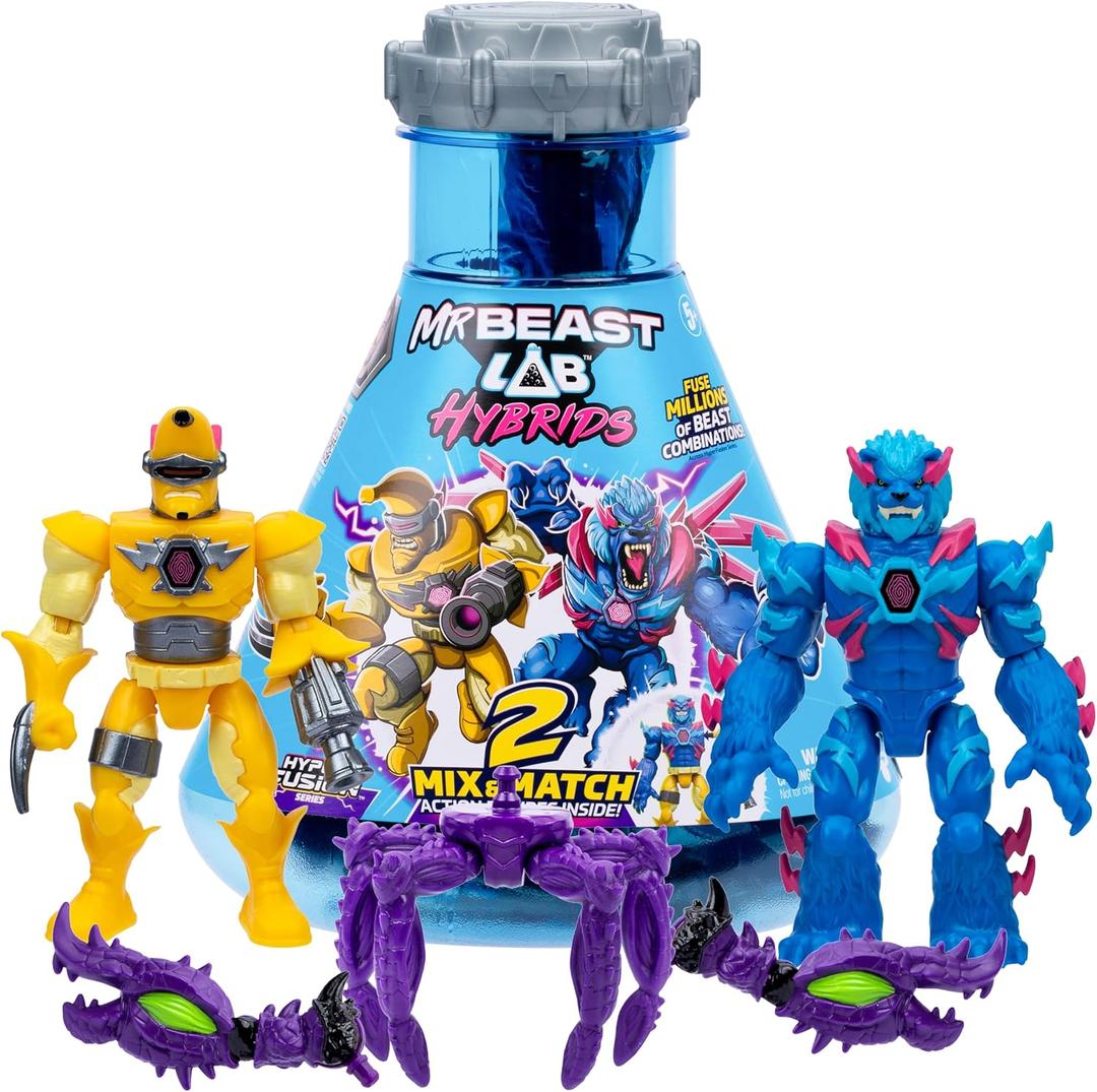 MrBeast Lab Hybrids Multi Pack, Reveal Different Hybrid Parts To Create 2 Mix & Match Action Figures, Plus Parts Of The Golden Panther Dragon, Fuse Millions Of Beast Combinations - Liger VS Banana-man