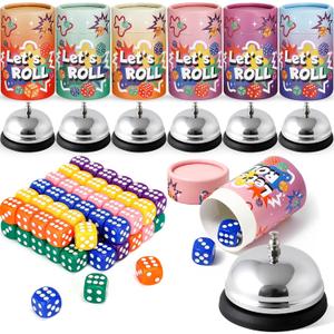 6 Sets Bunco Game Kit Party Supplies for Ladies Night Family Group Board Games 72 Colorful Dice 6 Bells 6 Dice Cups with Lids Christmas Bunco Gift for Women up to 6 Groups of 2-12 Players