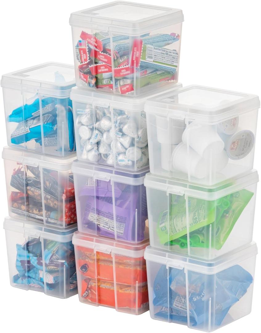 IRIS USA Vertical Plastic Flip Top Storage Containers Bins with Lids for Pantry, Home, Office, Organization, Small, Stackable Hinged Organizer with Latches, Clear, 10 Pack