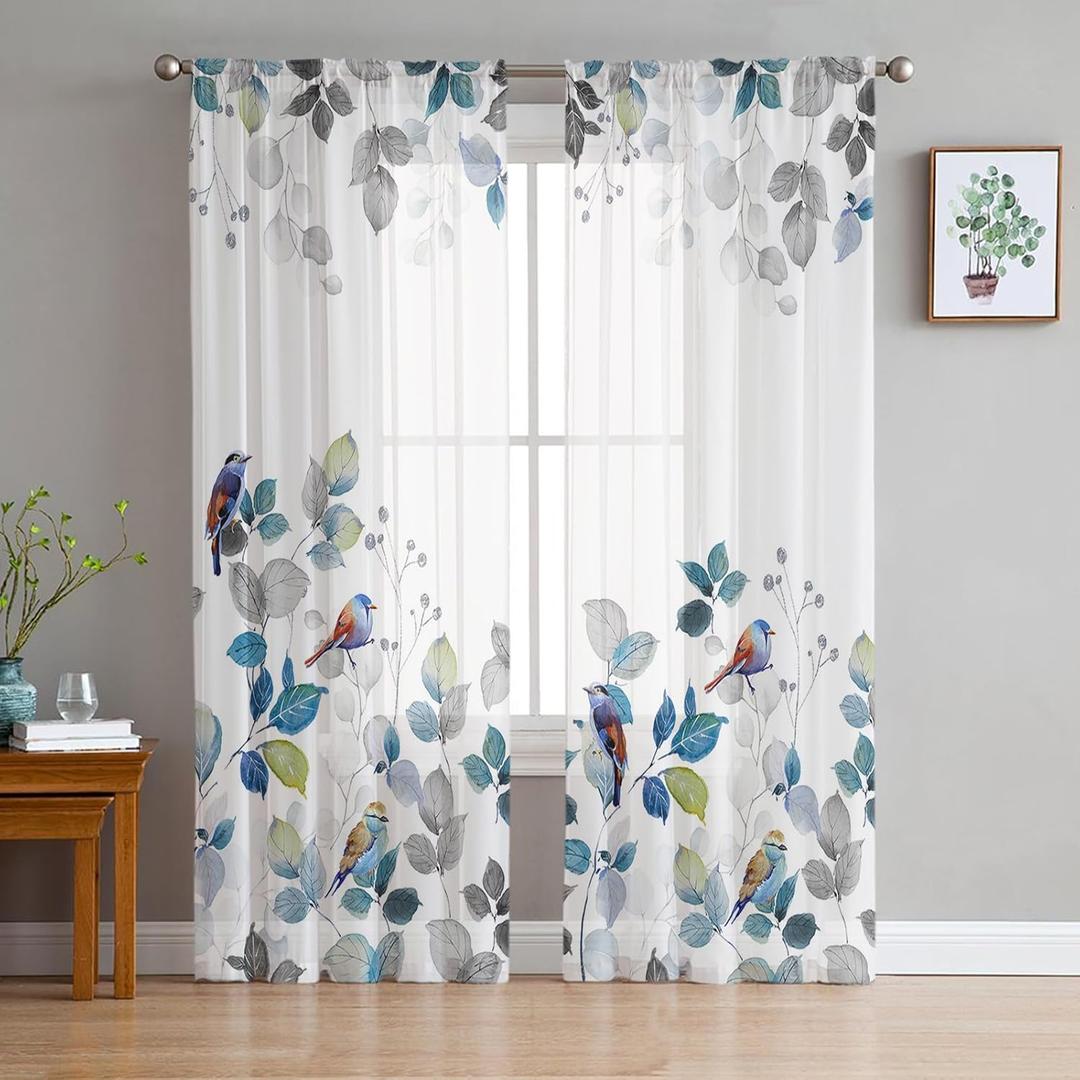Blue Eucalyptus Sheer Curtains 84 Inches Long, Watercolor Bird Leaves Window Curtains Nature Botanical Light Filtering Rod Pocket Curtain Voile Drapes for Bedroom Living Room Each 52" W x 84" L