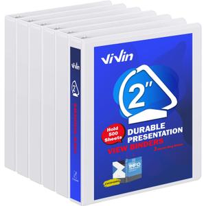 3 Ring Binder 2 Inch, ViVin Sturdy 2"-Slant D Ring Binder with 2 Interior Pockets, Clear View Cover, PVC-Free, Fits 500 Sheets of US Letter Size Paper (6 Pack, White)