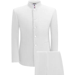 2 Piece Men's Chinese Suit Chinese Stand Collar Slim Fit Suits Front Button Blazer Pant Set, White-XL