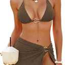 ZAFUL Women's Bikini Sets Three Piece Swimsuit Textured Halter String Tie Side Bathing Suits with Cover Up Skirt (Brown, S)