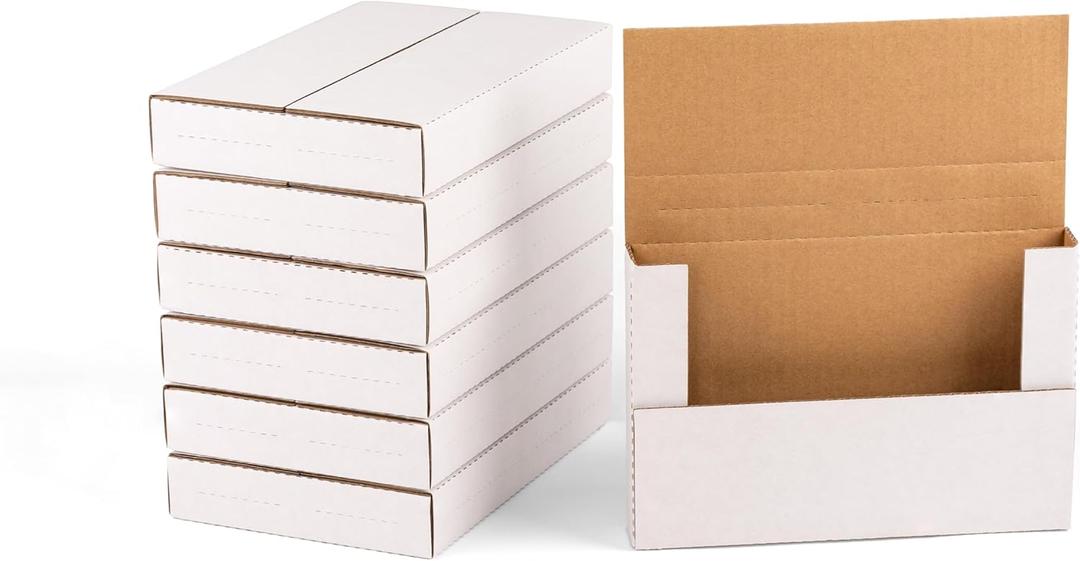 50 Pack 9x6x1.3 inch Small Shipping Boxes, Multi-Depth Flat Cardboard Boxes with Fragile Stickers for DVD Shipping, Packing, Moving, Storage, White
