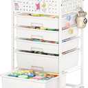 5 Drawer Rolling Storage Cart with Pegboard Top and Hooks, Mobile Utility Organizer with Wheels for Office Supplies, Craft Storage, Classroom Organization, Home Storage Cart, White