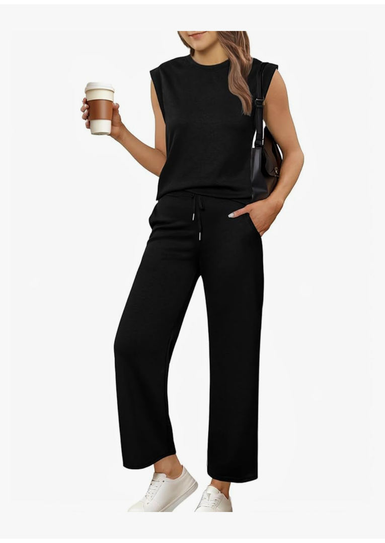 Glamaker Women's 2 Piece Sets Summer Lounge Travel Outfits Sleeveless Wide Leg Airport Casual Trendy Sweatsuits, Size L