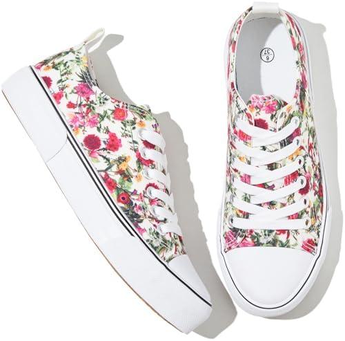 Adokoo Canvas Tennis Shoes for Women Low Top Casual White Flower Sneakers for Women Lace Up Fashion Comfortable Walking Shoes (Flower, 5.5)