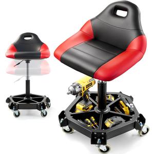 Rolling Shop Stool with Wheels, Garage Mechanic Stool with Backrest, Metal Heavy Duty Roller Mechanic Chair with Tool Tray, 5-Wheel Anti-tip Design,19.5"-26" Adjustable Height, 330 LBS Capacity