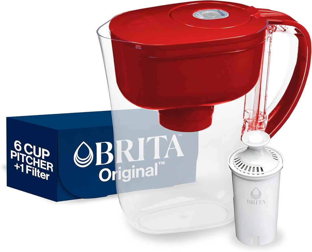 Brita Water Filter Pitcher for Tap and Drinking Water with 1 Standard Filter, Lasts 2 Months, 6-Cup Capacity, BPA Free, Red