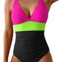 Women's One Piece Color Block Swimsuit Tummy Control Slimming Bathing Suit V Neck Cutout High Waisted Swimwear (Medium, Hot Pink and Black)