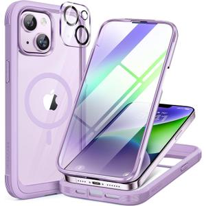 Miracase Magnetic for iPhone 14 Case 6.1", [Built-in Tempered Glass Screen Protector + Lens Protector] [Compatible with MagSafe] Full-Body Protective Bumper 14 Phone Cover, Purple