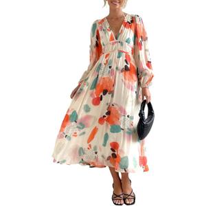 Sissyaki Women's Long Sleeve Boho Floral Maxi Dress Summer Fall Wedding Guest Dress Red-Watercolour Medium