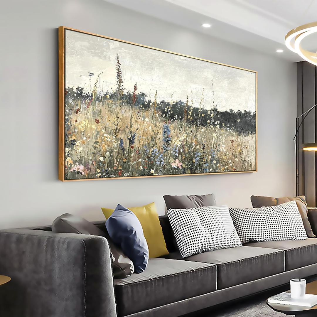 Solid wood Framed Canvas Wall Art Vintage Decor, Classical Oil Painting Canvas Prints Champ fleuri Vintage 20'X40'Wall Art for Home Room Bathroom Decor (Gray-yellow flower)