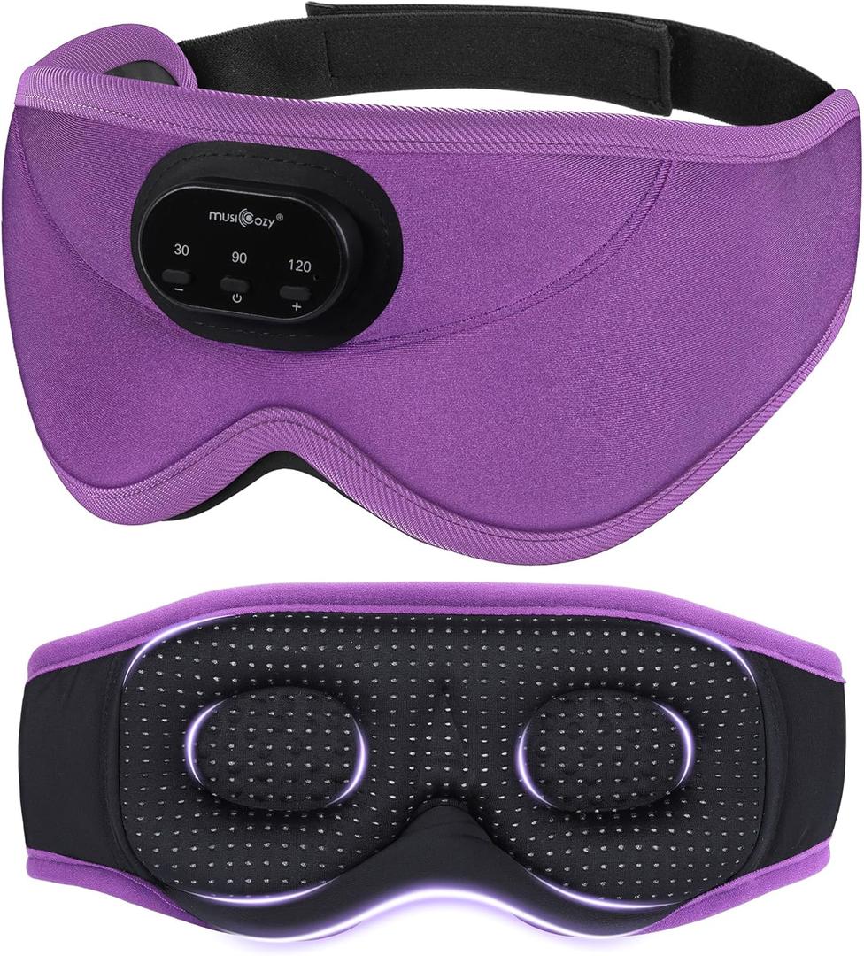 MUSICOZY 3D Bluetooth Sleep Mask with Headphones and Timer, Wireless Sleep Headphones for Side Sleepers, Eye Mask with Bluetooth Headphone, Unique Gifts for Men Women, Purple