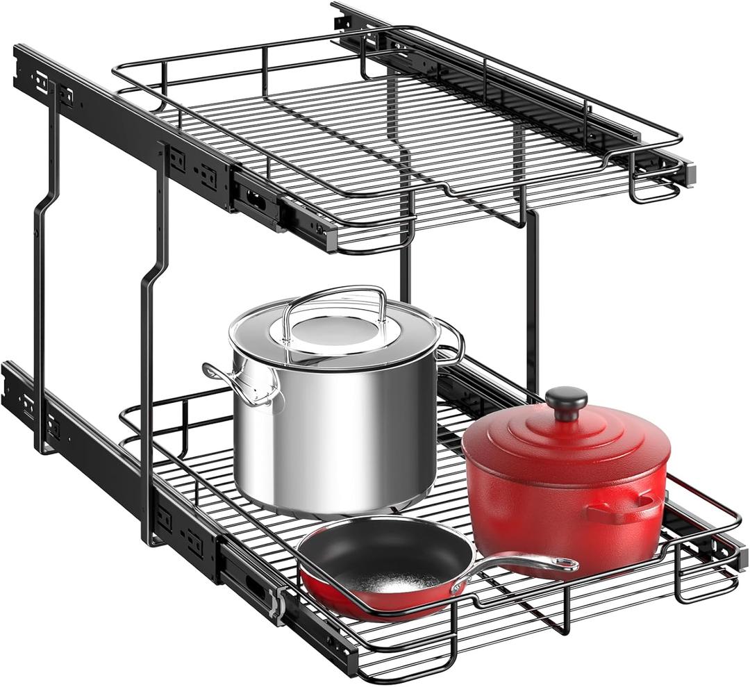 Delamu Pull Out Cabinet Organizer, Heavy Duty Cabinet Shelf Organizers, 2 Tier Cabinet Slide Out Shelves for Kitchen, Pantry, Bathroom, 14" W X 21" D (Black)
